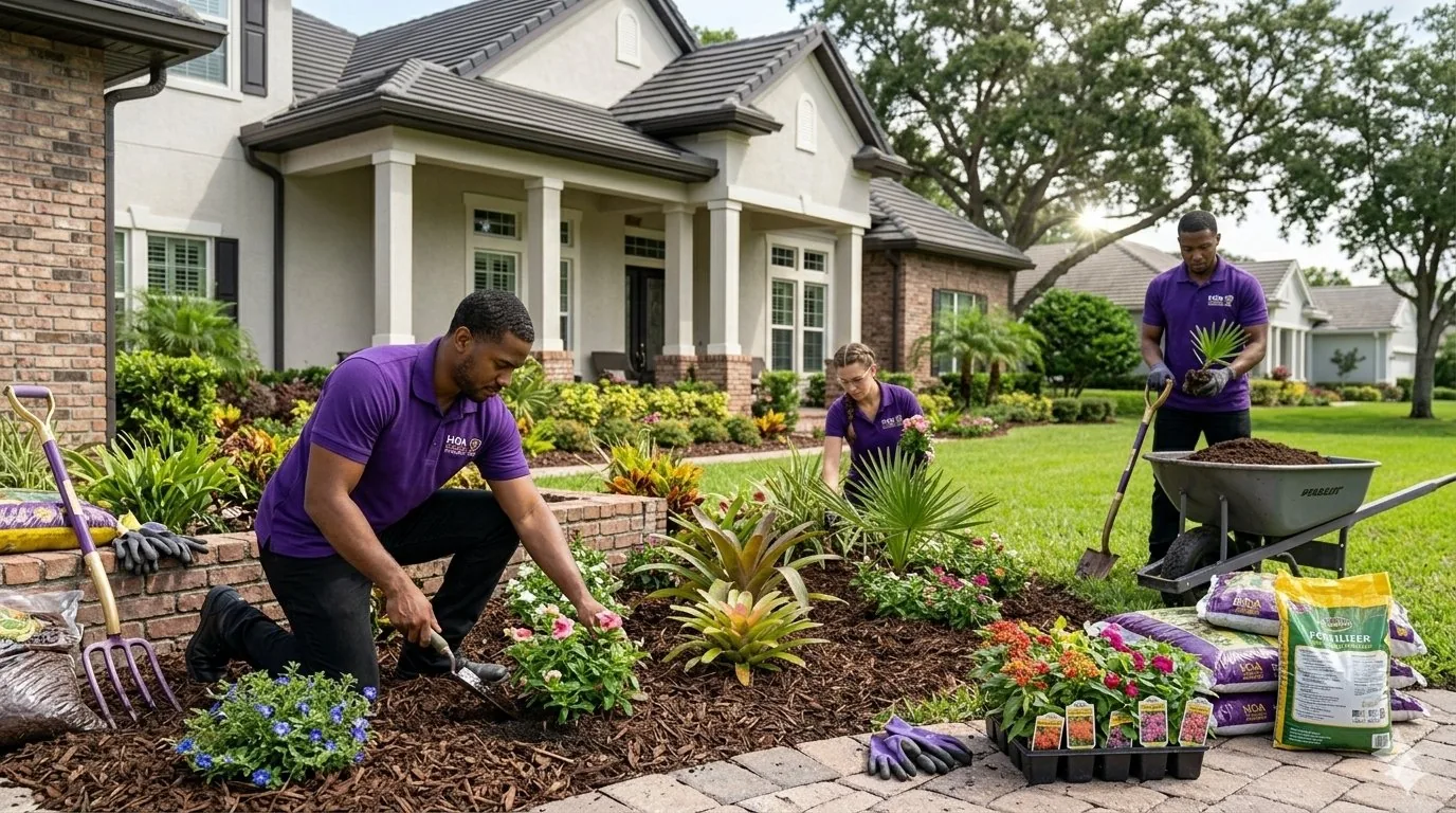Seer 1 Services landscape crew planting a Florida residential bed