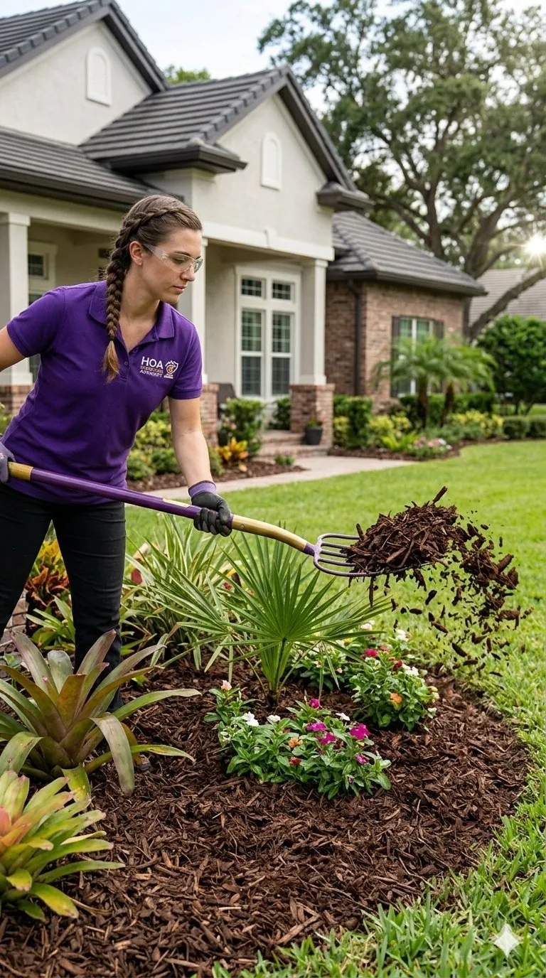 Fresh mulch around landscape bed