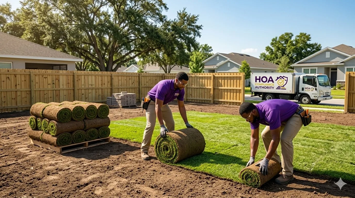 Sod installation crew laying fresh St. Augustine sod in a Wesley Chapel backyard
