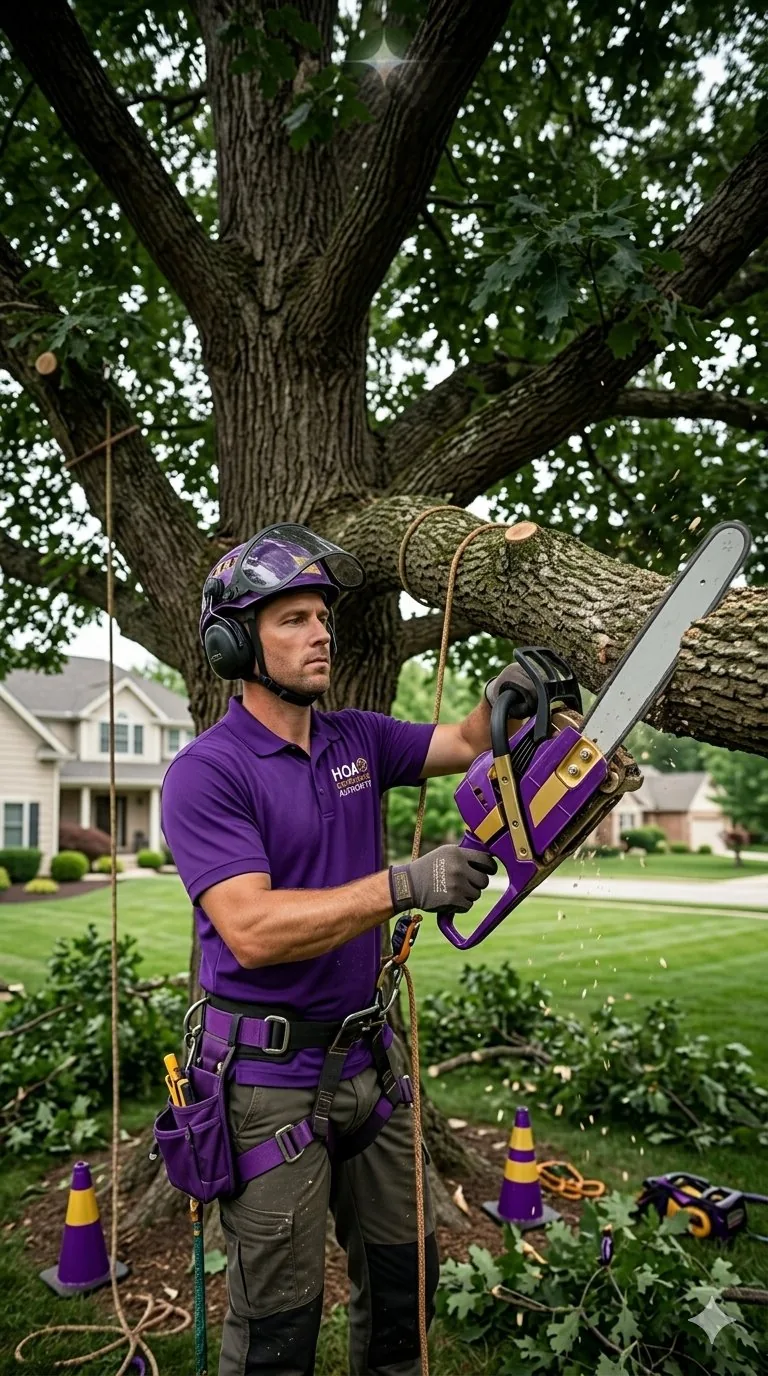 Arborist trimming an oak tree